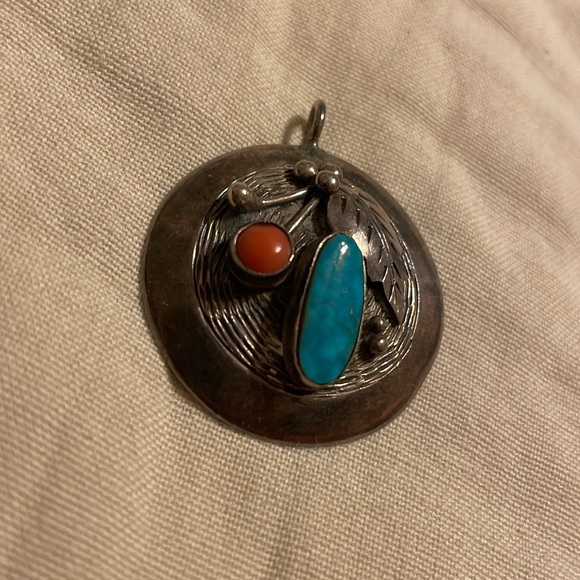 Vintage Navajo Roy Vandever Turquoise Coral Sterling Silver Pendant - Picture 2 of 8